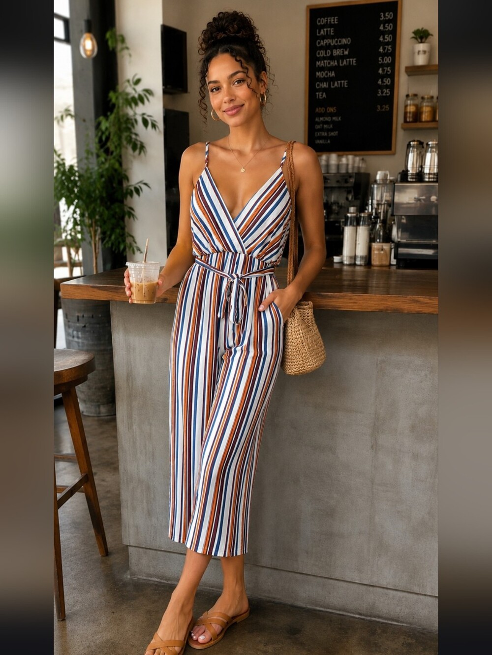 love...ady sz XS Striped V-Neck Sleeveless Jumpsuit — Blue, White & Rust Stripes